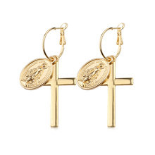 Religious 18k Gold Plated Stainless Steel Jesus Coin Large Hoop Cross Earrings for Women